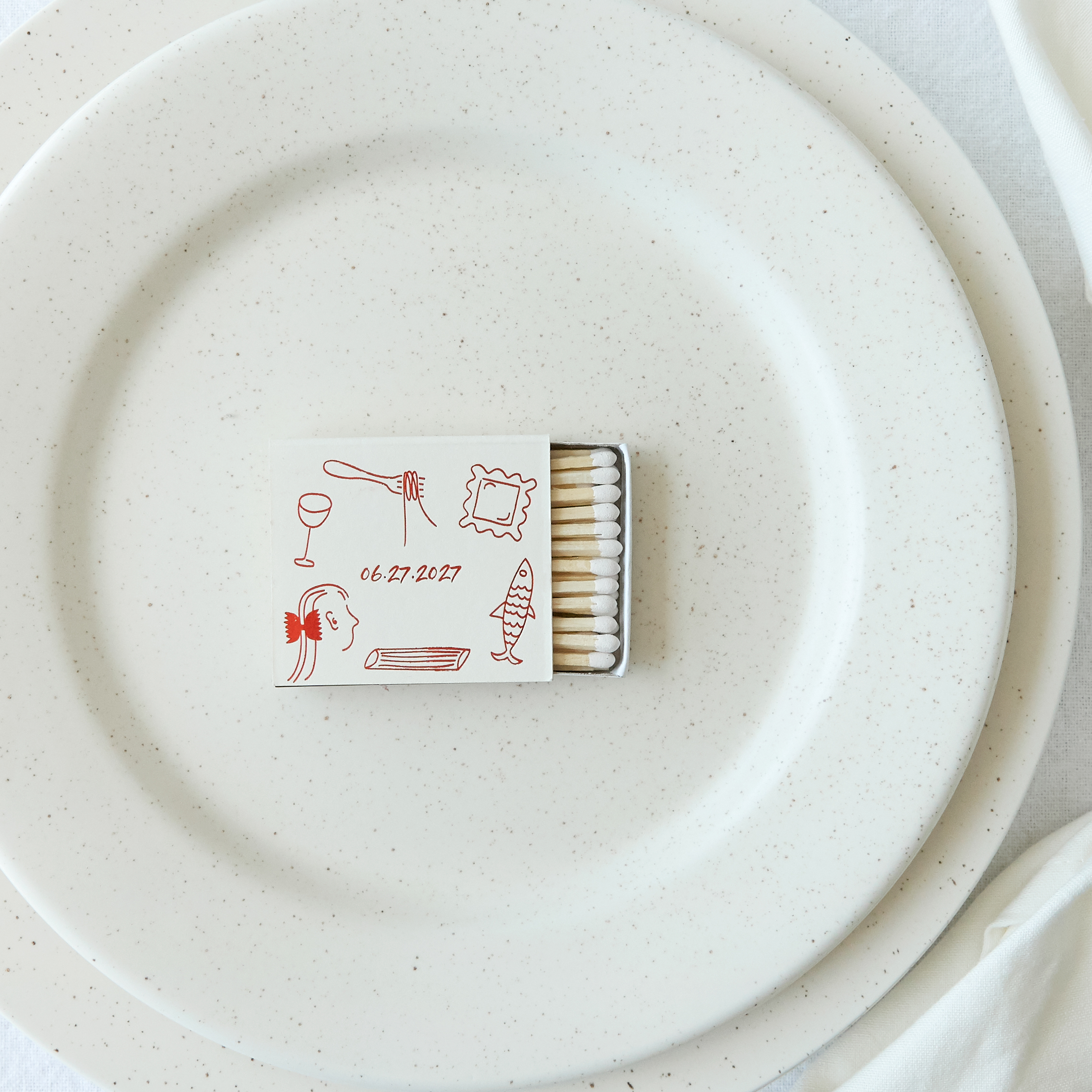 Custom matches printed with a date and pasta art
