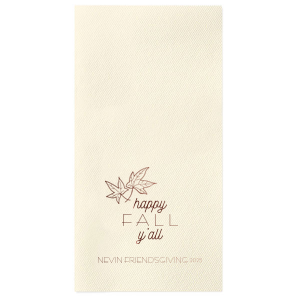 Embrace the cozy season with the Happy Fall Y’All Napkin, adorned with autumn leaves and a welcoming message. This design sets a festive tone for any fall gathering, inviting guests to revel in the charm of the harvest season.