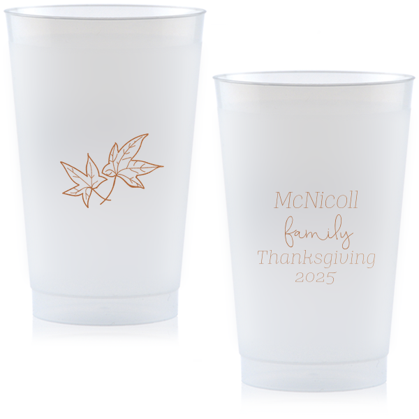 Elevate your autumn gatherings with the Thanksgiving Fall Leaves Cup! Two elegant fall leaves float gracefully, adding a touch of seasonal charm. Personalize the reverse side with four dynamic lines, each in playful fonts. Perfect for sipping and celebrating in style. Cheers to a well-scripted harvest!
