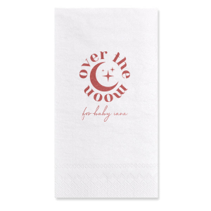 Personalize a celestial baby shower napkin! Featuring a star an moon graphic, you can customize this baby shower napkin with the name of the baby. 
