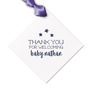 Say thank you with personalized gift tags as sweet as the soon-to-be-arriving baby! The whimsical serif font, bold modern script and cute little stars on this yellow tag with blue ribbon will make a darling finish to your baby shower party favors.