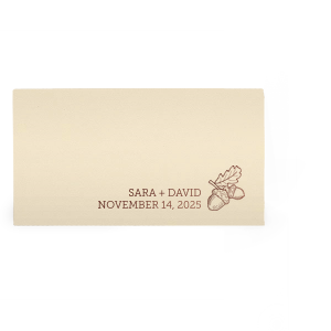 ForYourParty's personalized Natural Ivory Regal Place Card with Shiny Merlot Foil has a Acorns graphic and is good for use in Floral, Thanksgiving, Adventure and Wedding themed parties and will make your guests swoon. Personalize your party's theme today.
