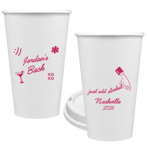 Add a splash of fun to the festivities with the Sassy Spirits Bachelorette Cup, personalized with the bride-to-be's name in script, and adorned with playful symbols like "XOXO," a martini glass, and a smiley face. The flip side's "Just add alcohol" mantra and hand line drawing, customizable with your party's location and date, promise a night of merriment and memories.