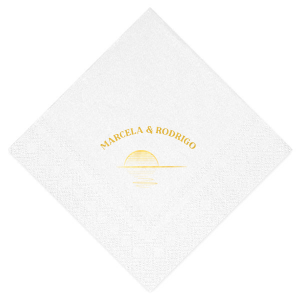 Seal your day with the Sunset Vows Arch Napkin, capturing the romance of a setting sun behind the couple's names in an elegant arch. This design sets a serene scene, perfect for a wedding infused with the glow of new beginnings.