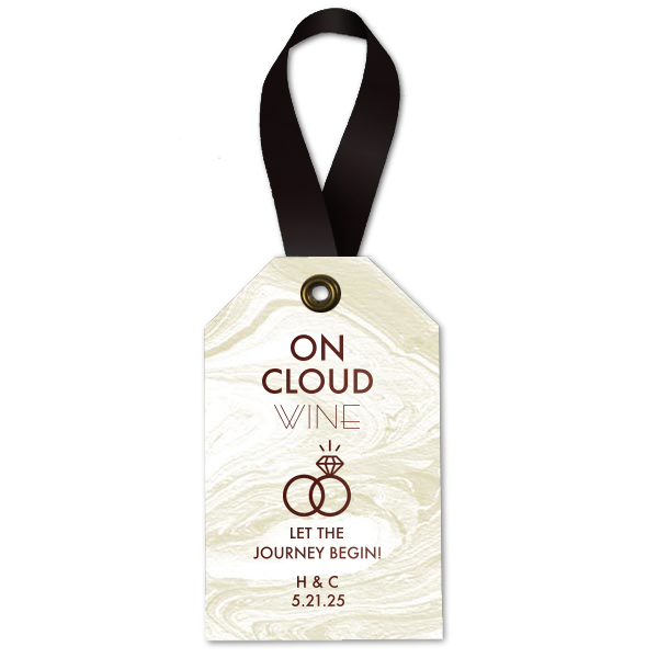 Our custom Marble Sand Wine Hang Tag with Shiny Merlot Foil has a Wedding Rings 2 graphic and is good for use in Wedding and Engagement themed parties and will give your party the personalized touch every host desires.