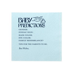 Forecast the future with the Baby Predictions Game Napkin, featuring a fun stork graphic. This interactive baby shower napkin offers spaces for guests' guesses on gender, hair color, and zodiac sign. The perfect addition to any baby shower celebration.