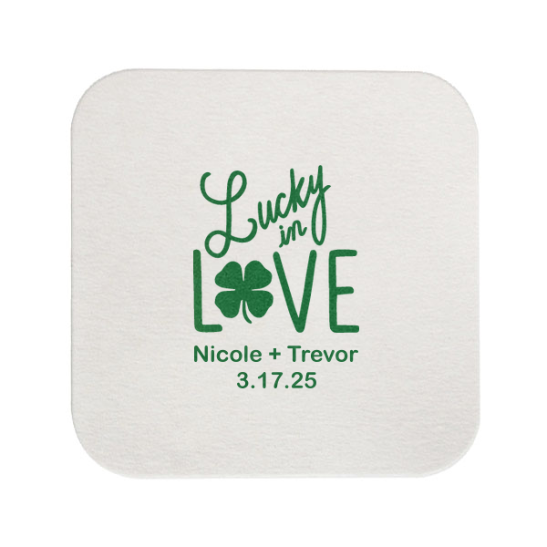 ForYourParty's chic Eggshell Square Coaster with Satin Leaf Foil has a Lucky In Love graphic and is good for use in Wedding, St Patricks Day themed parties and can be customized to complement every last detail of your party.