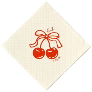 Pair your next special occasion with the Cherry Bow Initials Napkin! The two cherries are tied together by a bow, reflecting the partnership of you and your sweetheart. Customize the text to make it extra special at your next momentous occasion, be it an engagement, wedding, anniversary or any other celebration of love.