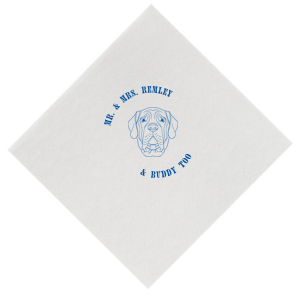 Dog cocktail napkins are the latest wedding trend! Customize this dog wedding napkin with your last name and the name of your dog. Featuring a mastiff graphic. 