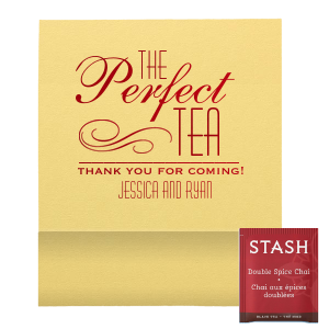 Our custom Poptone Mimosa Tea Favor with Satin 18 Kt. Gold Foil Color has a Flourish 5 graphic and can be customized to complement every last detail of your party.