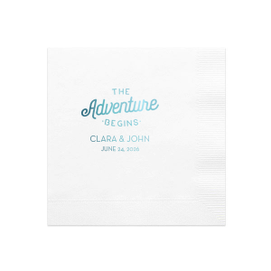 Our beautiful custom White Quick Ink Printed Cocktail Napkin with Matte Teal Ink Digital Print Colors has a The Adventure Begins graphic and is good for use in Wedding, Anniversary themed parties and can't be beat. Showcase your style in every detail of your party's theme!