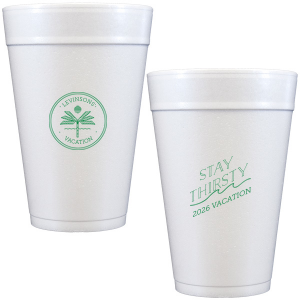 Personalized Matte Spring Green Ink 16 oz Styrofoam Cup with Matte Spring Green Ink Cup Ink Colors has a Palm Tree Badge graphic and a Wave Flourish graphic and is good for use in Beach/Nautical, Accents themed parties and will add that special attention to detail that cannot be overlooked.