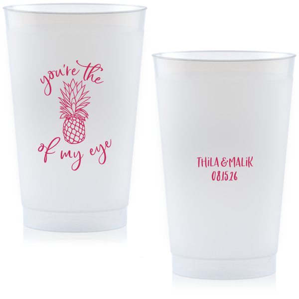 Our custom Matte Fuchsia Ink 10 oz Frost Flex Cup with Matte Fuchsia Ink Cup Ink Colors has a Pineapple Tiki graphic and is good for use in Food, Beach/Nautical themed parties and will impress guests like no other. Make this party unforgettable.