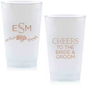 Personalize this cup for beautiful wedding barware that doubles as a party favor. Our Peony Accent and the embellished block font make the design perfect for a woodland or greenery themed wedding.