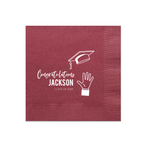 Capture the exhilarating moment of achievement with the Cap Toss Graduation Congratulations Napkin. It features a spirited depiction of a graduation cap mid-air, symbolizing both an end and a new beginning. Emblazoned with "Congratulations," the graduate's name, and class date, this design radiates the vibrant energy of commencement celebrations.
