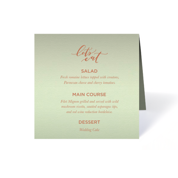 Dine in delight with the Let's Eat Menu, playfully scripted to entice your guests. Detail your feast across ten customizable lines, culminating in the couple's names and date, for a tasteful prelude to culinary celebration.