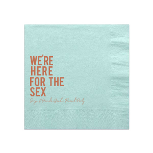 Our personalized Aqua Cocktail Napkin with Satin Copper Penny Foil and cute cheeky saying will give your Gender Reveal party the personalized touch every host desires.