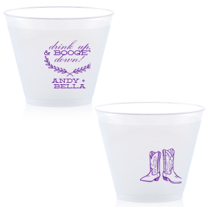 Kick up your heels with the Boogey Down Cowboy Cup emblazoned with 'Drink Up & Boogey Down!' and a foliage flourish. Personalized with your names and adorned with cowboy boots, it's perfect for a lively, Western-themed celebration.