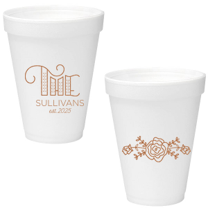 THE Modern Family Name and Peony Foam Cup elegantly merges urban flair with floral grace. The design showcases “The” as stylish skyscrapers with ornate flourishes. Below, the family name and anniversary stand bold. On the back, a delicate peony adds a contrasting natural beauty. An artistic melange of symbolism!