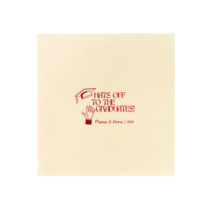 Applaud the new graduate with the Hats Off Graduation Cheer Napkin, emblazoned with a celebratory hand tossing a graduation cap and the phrase "Hats off to the graduate," personalized with the graduate's name and year. A perfect addition to any graduation festivity.