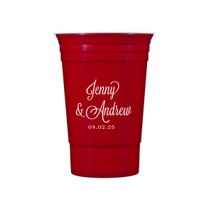 Sip in style with the Formal Names Swirly Script Cup, where elegance meets celebration. The couple's names take center stage, rendered in a beautiful script full of curls and swirls. This convivial design, completed with the event date, adds a touch of sophistication, making every drink a part of the joyous occasion.