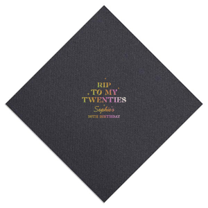 Commemorate a milestone birthday with the New Decade Starburst Napkin, personalized with the honoree's name and the dawn of a new era. Featuring "RIP to my twenties" or your custom age farewell, this napkin is sprinkled with celebratory stars, perfect for commemorating the next fabulous decade.