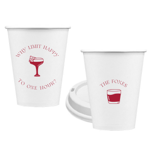 Extend the joy with the Why Limit Happy Hour Cup, perfect for wedding cocktail hours or home entertainment, personalized with your family name. Emblazoned with "Why limit happy to one hour?" and a delightful cocktail graphic, it invites guests to savor every moment.