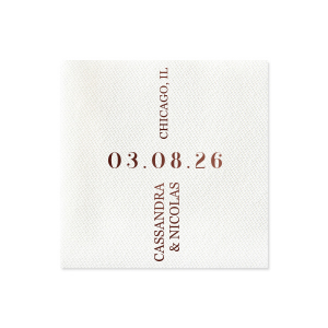 Celebrate your union with the Central Date Flair Napkin, where the wedding date takes center stage, boldly inscribed between the ascending couple's names and location details. A striking layout for an unforgettable matrimonial event.