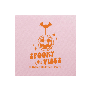 Embrace those spooky vibes with our Spooky Vibes Napkin! This custom Halloween party decor will elevate any event. Featuring a graphic of a pumpkin disco ball, bat, a skull, and sparkles, this napkin is ready to party.