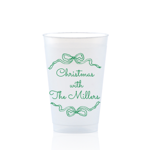 Let seasonal spirits overflow this year with the Holiday Bow Ribbon Cup. The festive design is paired with custom text, perfect for family holiday parties or nearly other festive function. 