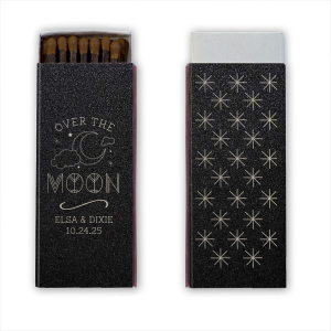 The Over the Moon Celestial Magic Match is a whimsical nod to 1960s art. The front displays an artistically vibrant crescent moon and stars. Below, the couple’s names and date are elegantly presented. The back is a celestial masterpiece, a detailed constellation drawing evoking the magic of starry skies, perfect for enchanting celebrations.