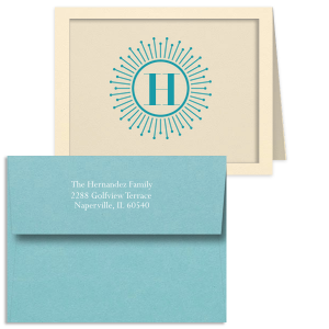 Pen your notes with a touch of the roaring twenties on the Sunburst Initial Note Card With Envelope. The iconic sunburst frame spotlights your family initial, radiating sophistication. Accompanied by an envelope with your return address, each note becomes a stylish statement.