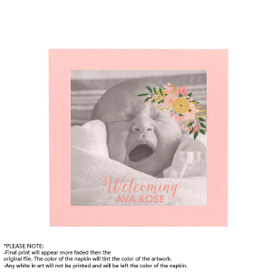 Blossoming Joy. Celebrate your bundle of joy with the Floral Baby Announcement Photo Napkin. A vibrant floral bough gracefully adorns the corner, adding a burst of color to your precious photo. Personalize with two lines below to make this keepsake as unique and special as your little one.