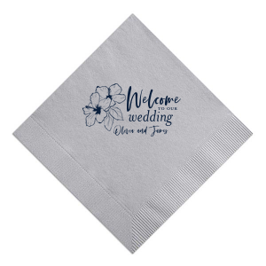 Custom Galvanized Silver Cocktail Napkin with Matte Navy Foil has a Hibiscus graphic and is good for use in Floral themed parties and can be personalized to match your party's exact theme and tempo.