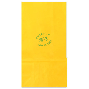 The Bespoke Logo Initials Stamp Wedding Bag design charmingly transforms the couple's initials into a bespoke logo, playfully echoing the sophistication of a stamped seal. Arching the city and date around it adds a personalized flair, turning each piece into a unique hallmark of their special day.