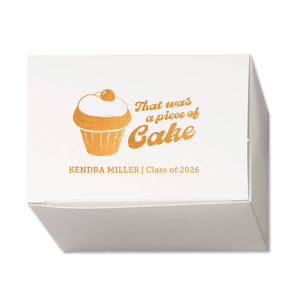 Package your pride with the Piece of Cake Grad Box, personalized with the graduate's name and graduation year, paired with a sweet cupcake graphic and the reassuring phrase "That was a piece of cake." An adorable way to celebrate their effortless success.