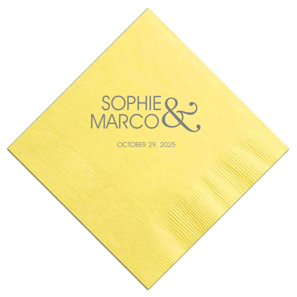 The Ampersand Together Napkin showcases a bold, artistic ampersand, symbolizing unity. The couple's names in striking all-caps sit beside it, emphasizing togetherness. Below, the celebration date in smaller print adds a subtle detail, perfect for couples who embody strength and partnership in their union.