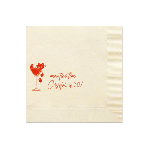 Celebrate another year of purr-fection with the Meowtini Time Birthday Napkin, featuring a whimsical drawing of a cat lounging in a martini glass, olives playfully tumbling out. Beside it, the phrase "Meowtini Time" invites a smile, with space for your name and new age in a chic script. The ultimate party accessory for cat and cocktail enthusiasts alike.