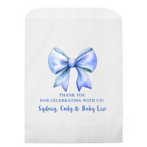 Elevate your event with our personalized cookie bags featuring exquisite watercolor blue bow artwork. Perfect for cookies, candy, or donuts, these treat bags offer three lines of custom text, making them ideal for weddings, baby showers, and parties.