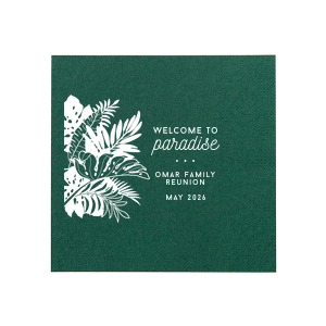 Infuse your gathering with the lush allure of the Welcome to Paradise Napkin, adorned with a vibrant tapestry of tropical foliage. The inviting 'Welcome to Paradise' greets guests, complemented by space to personalize your event's warm details.