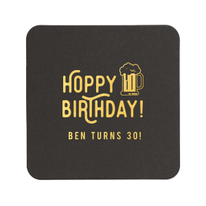 Personalized White Square Coaster with Shiny 18 Kt Gold Foil has a Brew graphic and is good for use in Drinks themed parties and will give your party the personalized touch every host desires.