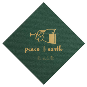 Spread a message of serenity with the Peace on Earth Napkin, where a contemporary angel trumpets a universal wish. 'Peace on earth' gracefully complements your family name, embodying a hopeful sentiment for all during the festive season.