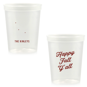 celebrate the autumn season with the Happy Fall Y'all Cup. Printed in your choice of cup style and ink color, make your family gatherings all the more personal this season.
