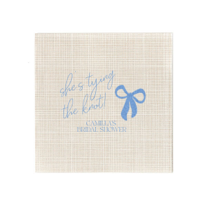 Celebrate the bride-to-be with the Modern Bow Bridal Bliss Napkin, elegantly displaying "She's tying the knot" in a lovely script above her name, all accentuated by a chic bow design. An exquisite choice for adding a personalized touch to any bridal shower.