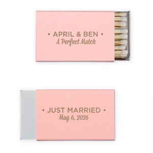 The Modern Perfect Match matchbox stylishly displays the couple’s names in bold block letters, framed by dots. Below, “A Perfect Match” in traditional script adds whimsy. The reverse side proclaims “JUST MARRIED,” with the wedding date, melding modern design with romantic charm.