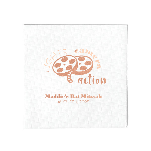Our custom White Cocktail Napkin with Shiny Rose Gold Foil has a Movie Reel graphic and is good for use in The Arts, Birthday themed parties and will make your guests swoon. Personalize your party's theme today.
