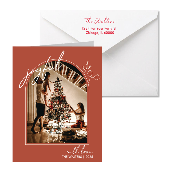 Send a trendy Christmas Card this season! Featuring an arch design, you can personalize this holiday card with the year and your family name. 