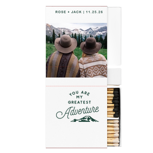 ForYourParty's chic White Classic Custom Photo Matchbox with Matte Spruce Ink Digital Print Colors and Matte Navy Ink Digital Print Colors has a Greatest Adventure graphic and is good for use in Wedding, Travel, Words themed parties and will look fabulous with your unique touch. Your guests will agree!