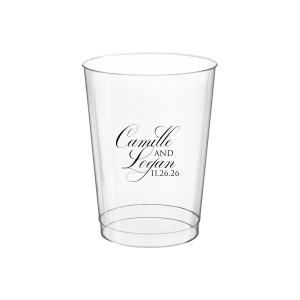 The Elegant Swirl Script Names Cup showcases the couple’s names in a fancy, swirling script, elegantly intertwined for a sophisticated touch. Stacked artistically, this design radiates elegance, adding a uniquely graceful accent to any celebration.