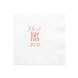The Best Day Ever Name Confetti Napkin bursts with celebratory energy. A jubilant "best day ever" sets the tone, and streaming confetti dots enliven the design. The couple's names and the celebration date below ground this exuberant expression. 